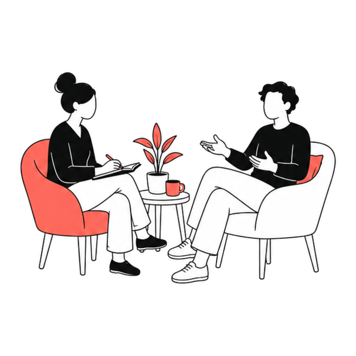 Two people talking in armchairs