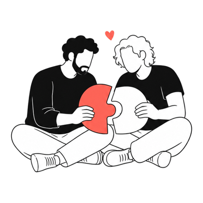 Two people sitting together, working something out