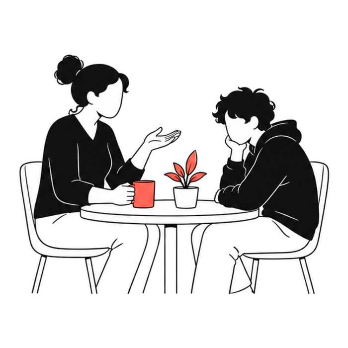 A parent and teenager talking on a bench