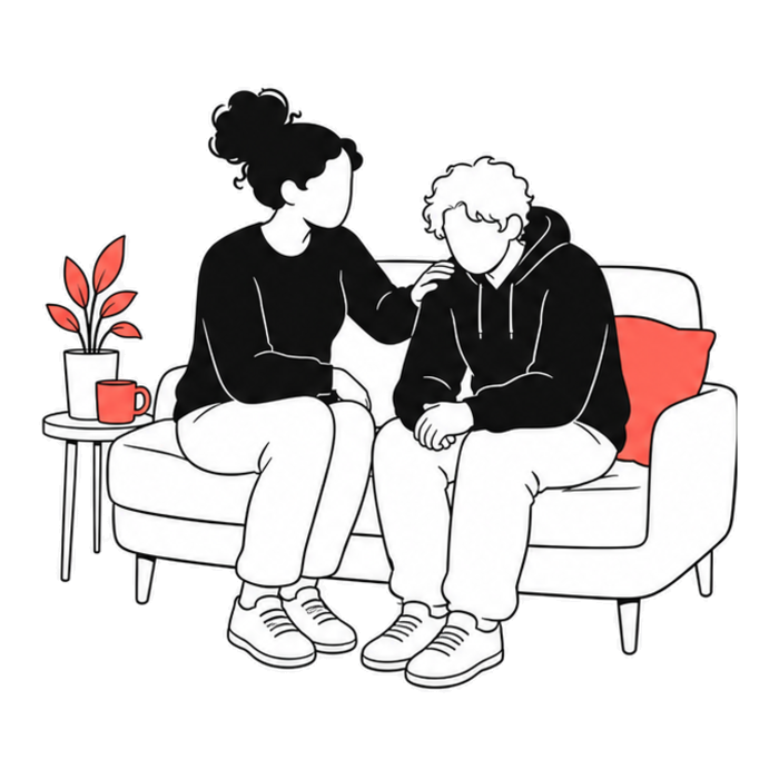 A therapist sitting with someone, unhurried