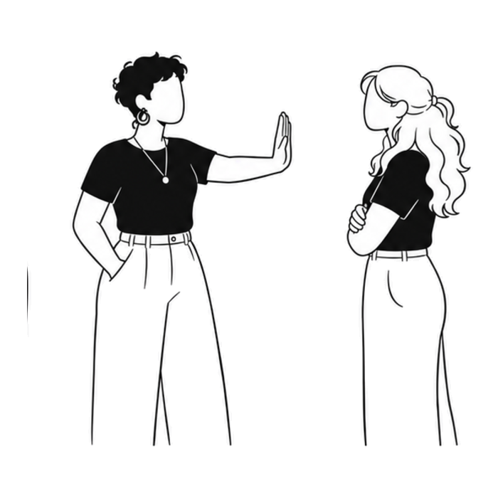 Two people holding a clear boundary between them