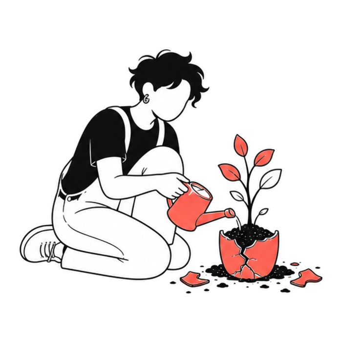 Someone watering a young plant growing out of a cracked pot