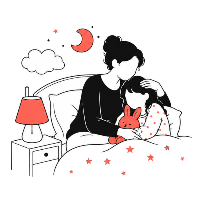 A parent comforting a child at bedtime